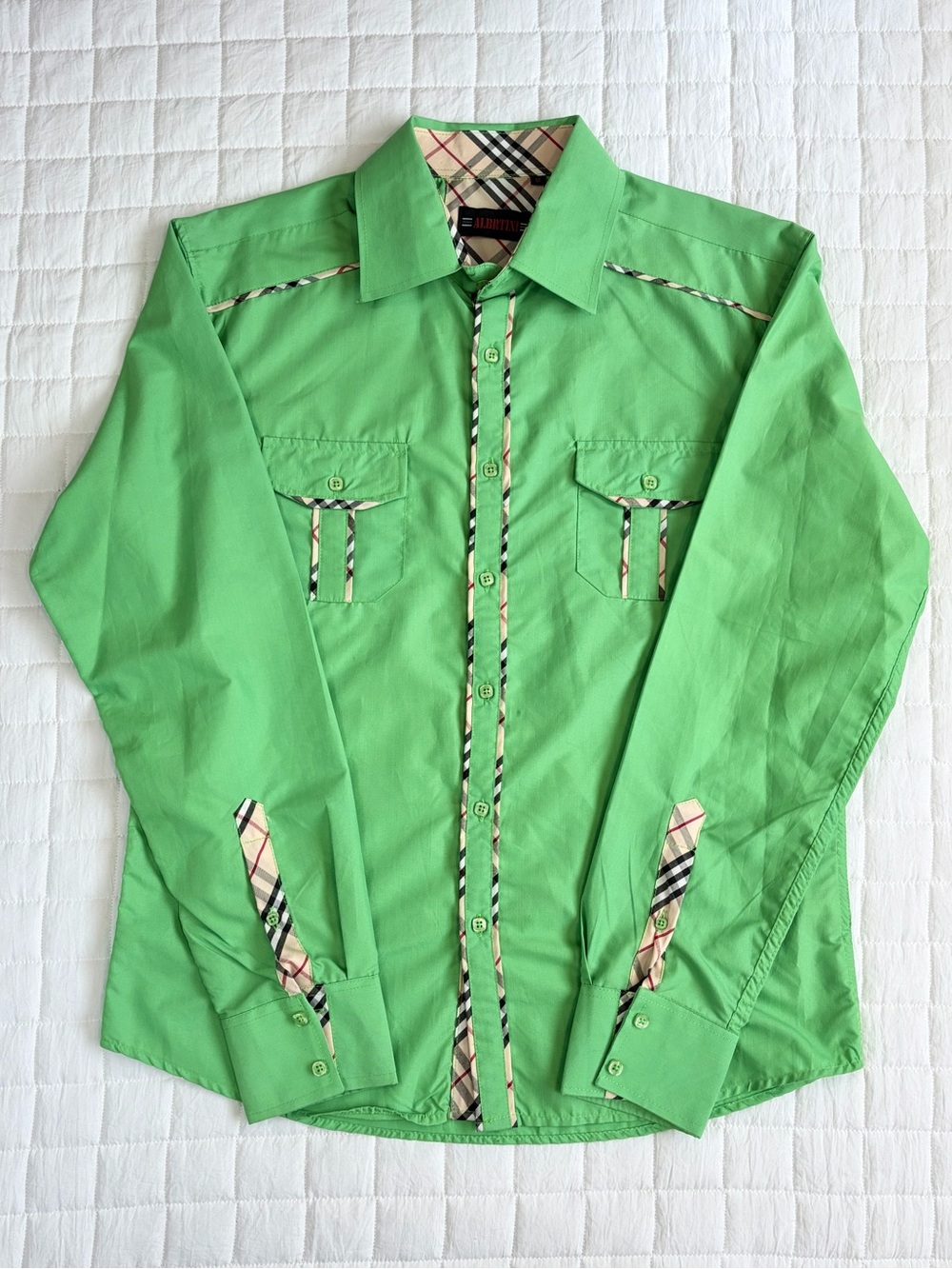 Albertini Men's Green Western Roper Button-Up Plaid Piping Size M